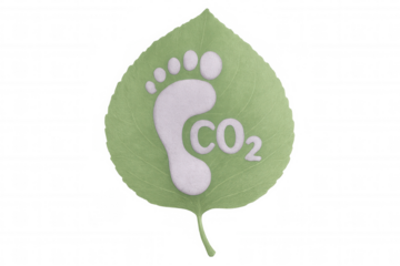 Carbon footprint symbol on a green leaf represents environmental impact and co2 emissions, promoting sustainability on a transparent background
