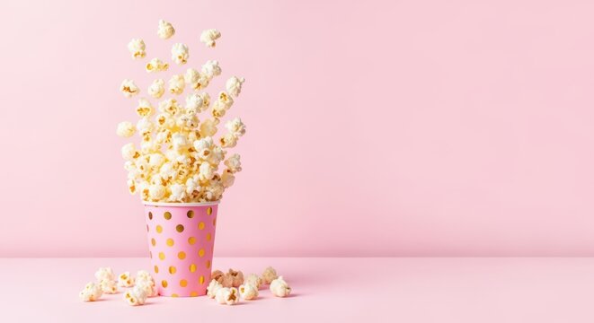Delicious popcorn overflowing from pink polka dot cup - Powered by Adobe