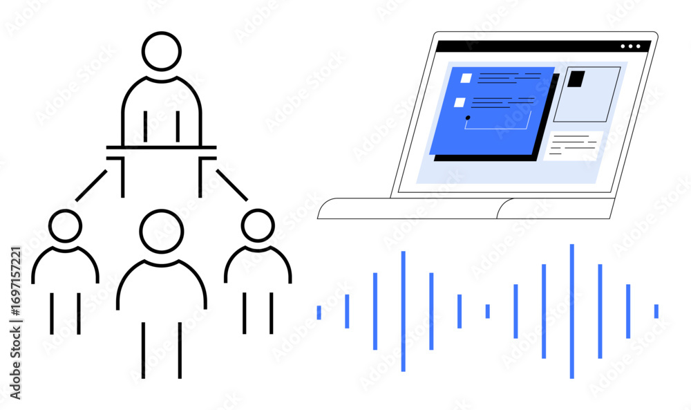 Aufkleber hierarchical team structure connected to laptop displaying interface and audio waveform. ideal for l