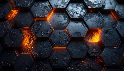 Dark metallic hexagon grid illuminated softly with glowing orange