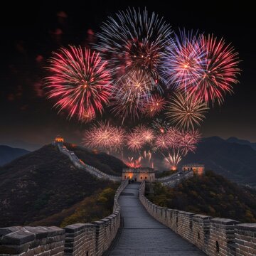 Vibrant fireworks exploding above the ancient Great Wall of China, a magnificent nighttime spectacle for a festive celebration