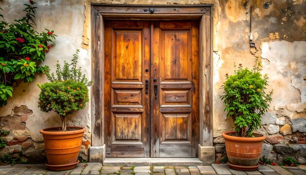 Aged wooden door in a weathered wall