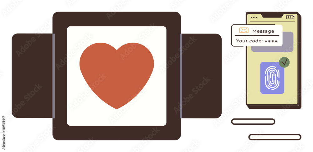 Poster digital heart on smartwatch next to smartphone fingerprint and security code verification. ideal for