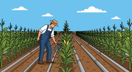 Cartoon farmer in a cornfield with irrigation pipes under a blue sky and clouds