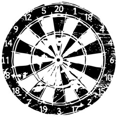 Vector Distressed dartboard with embedded darts.