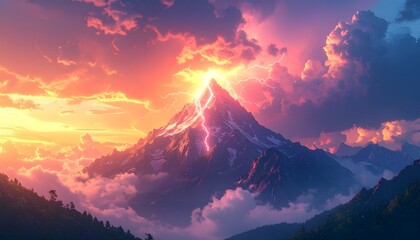 Dramatic Landscape Mountain Peak Under a Stormy Sky with Lightning