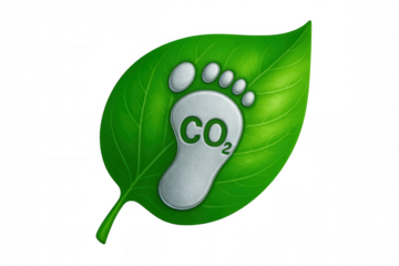 Silver metallic footprint stamping co2 symbol onto verdant leaf, representing ecological carbon footprint against transparent backdrop