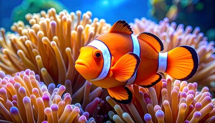 Colorful Clownfish Swimming Amidst Sea Anemones in a Vibrant Underwater Scene