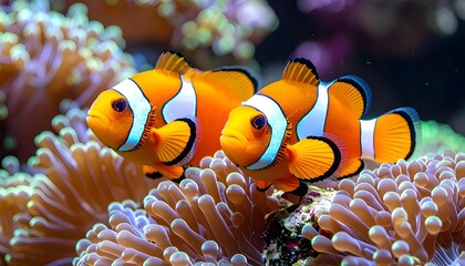 Two clownfish swimming near coral reefs in a colorful underwater ecosystem