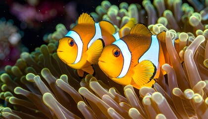 A captivating pair of vibrant clownfish nestled securely within the soft, waving tentacles of their anemone home in the ocean