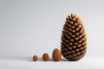 giant pine cone nestled among several smaller pine cones on ultrabright white background