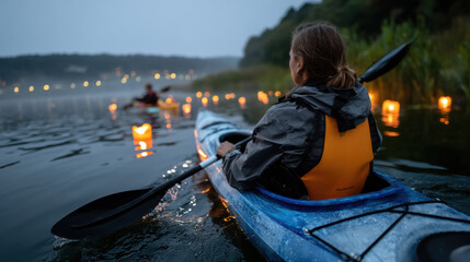 A group of kayakers navigates a foggy lake at twilight, surrounded by glowing lanterns that enhance the enchanting evening scenery and promote a sense of camaraderie.