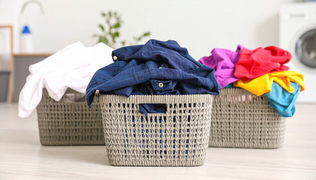 Three laundry baskets filled with colorful clothes are placed on light wooden floor, creating vibrant and organized scene in modern laundry room