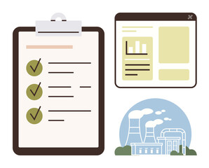 Checklist with green checkmarks, statistics dashboard with data, factory emitting smoke. Ideal for compliance, monitoring, quality assurance, energy, reporting workflow management. Simple flat
