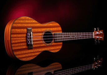 Fototapeta premium Elegant wooden ukulele with glowing strings and reflection.