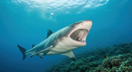 Fototapeta premium Powerful shark in open ocean, mouth agape, coral reef background