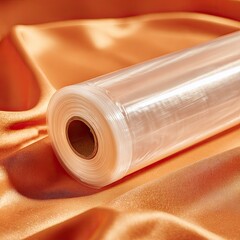 Rolled plastic wrap on an orange satin surface