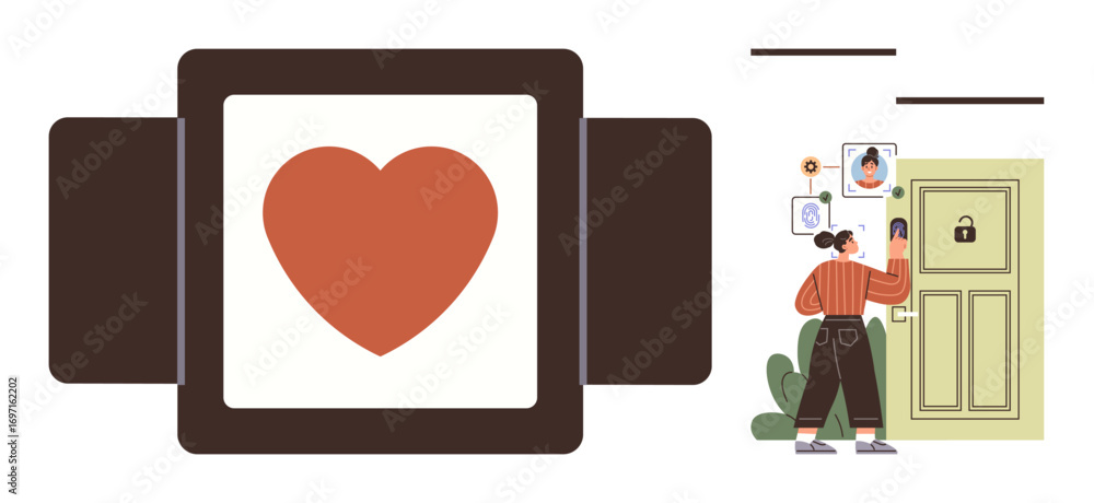 Poster heart icon on a screen and a woman using a smart lock beside a door with interactive face recognitio