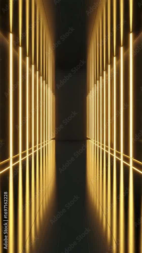 Poster abstract minimalist corridor with glowing gold tube lights running vertically along walls, creating 