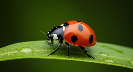 Fototapeta premium A ladybug with black spots crawls across a green leaf with water droplets set against a dark green backdrop