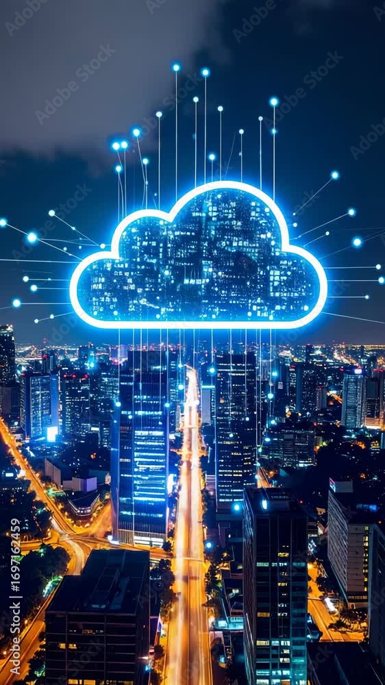 Poster digital cloud technology overlay over a glowing cityscape at night, network connections visualized w