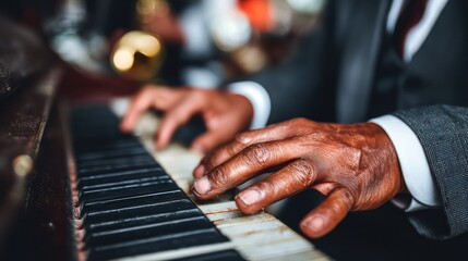 Close-up hands playing piano; festive bokeh background