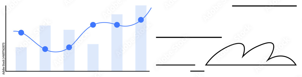 Poster bar chart with trend line indicating growth, simple shapes and patterns adding balance. ideal for bu