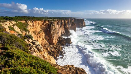 Dramatic coastal cliffs meet a stormy ocean