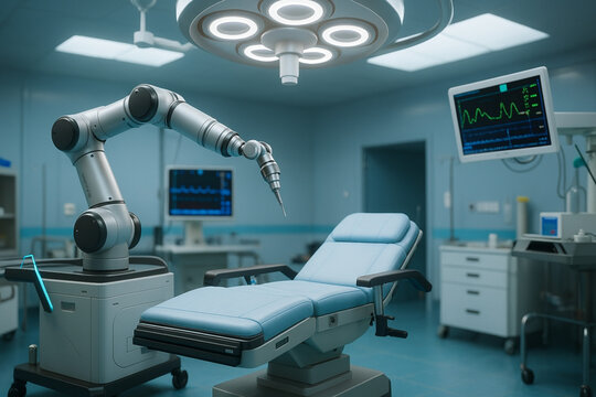 Modern operating room with blue surgical chair, robotic arm, circular lights, and heart monitor in sterile high-tech medical environment