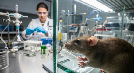 A scientist observes an experiment with brown rats in a laboratory. Scientific research and animal testing for the development of medicine.