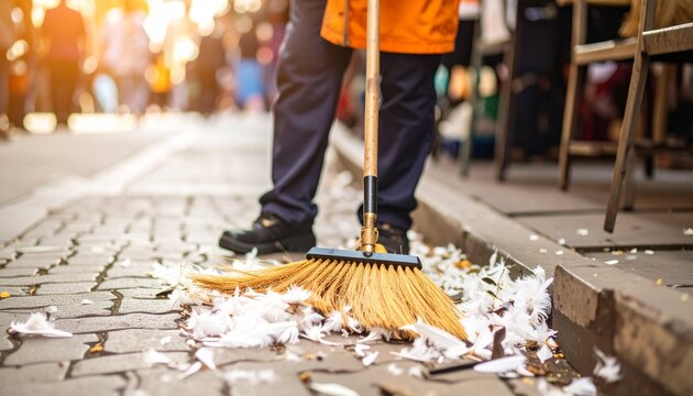 A dedicated street cleaner diligently sweeps scattered paper and debris from a bustling urban sidewalk, contributing to the upkeep and cleanliness of public spaces in the vibrant city
