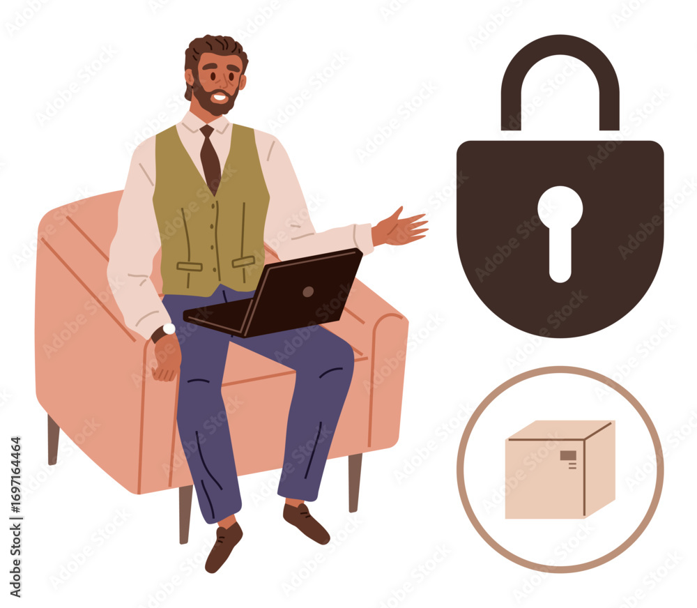 Poster businessman sitting and using laptop, gesturing confidently. padlock and box emphasize security, dat