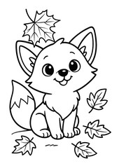 Kids coloring page fox with falling autumn leaves, A4 format vector illustration