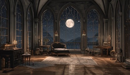 Obraz premium Gothic castle bedroom at night, full of antique furniture