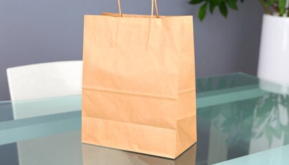 Light brown paper shopping bag on a glass table