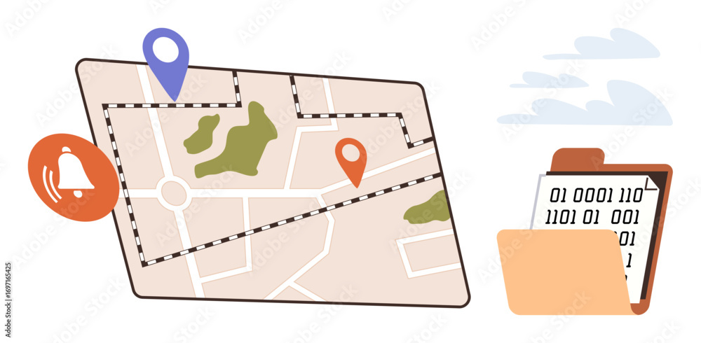 Poster map with location pins and paths, notification bell, folder with binary data, and clouds above. idea
