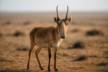 Saiga antelope standing in dry steppe landscape