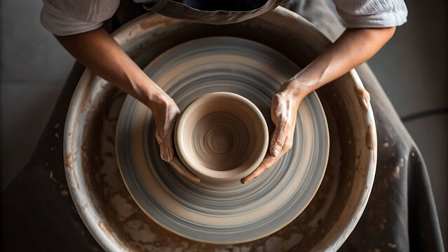 Potter centers clay on wheel, shaping bowl. Displays potterymaking process, crafts, ceramics, art classes, creativity, handmade products, artisan workshops.