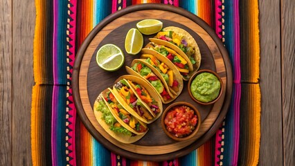 Fototapeta premium Suitable for restaurant menus, food blogs, social media. Colorful, vibrant image of tacos on a mexican blanket with lime and salsa.