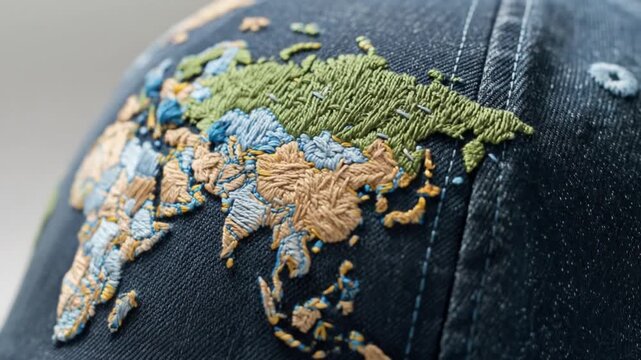 Embroidered world map hat closeup