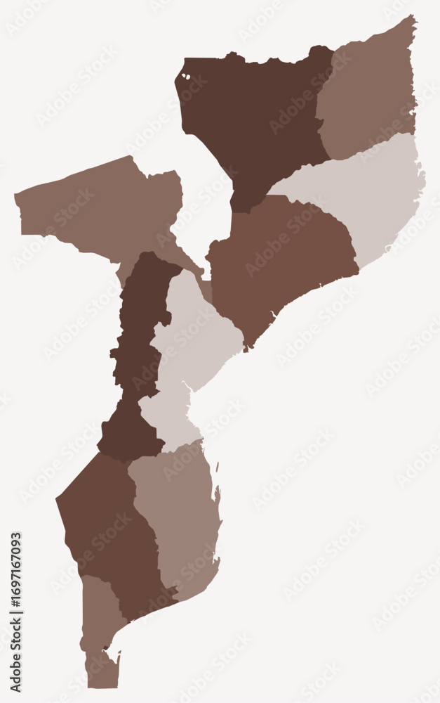 Poster map of mozambique with regions. just a simple country border map with region division. brown color p