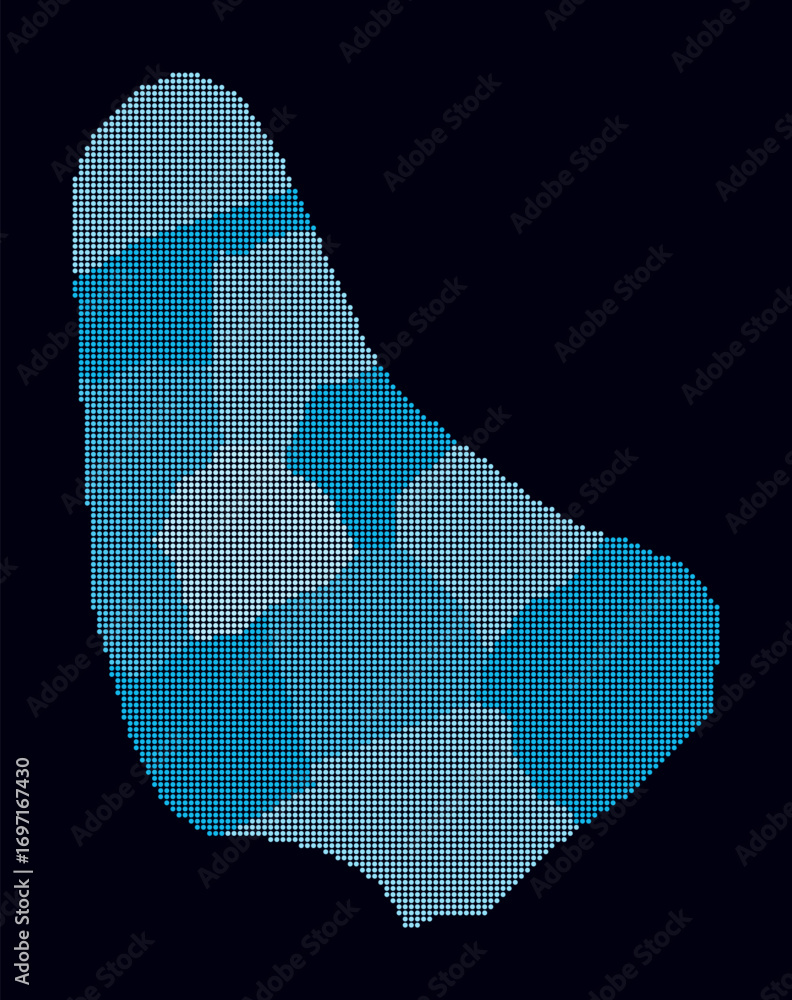 Poster barbados dotted map. digital style map of the country on dark background. barbados shape with circle