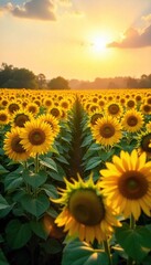 Endless rows of vibrant sunflowers basking in the golden sunlight, creating a breathtaking summer landscape Perfect for nature, agriculture, and summer themes , sunshine, tranquil