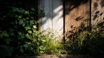 Weathered fence, green ivy, white wildflowers, shadows