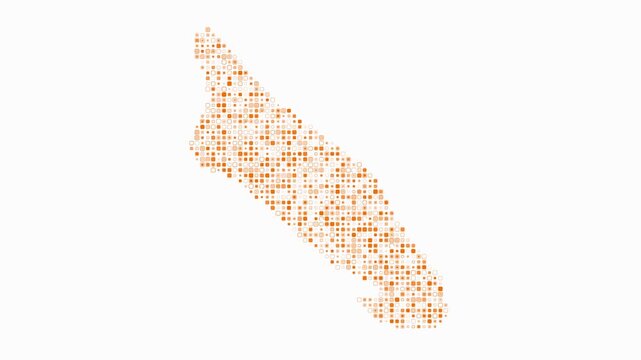 Aruba dotted animation. Shape of the country build of pulsating colored dots. Small size rounded square blocks. Digital style map on white background. Modern video.