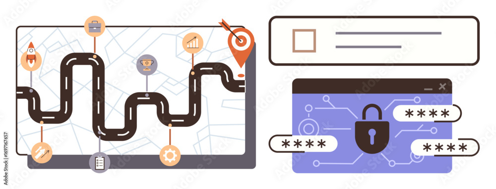 Poster roadmap with milestones connecting to a secure padlock interface using passwords and a safety shield