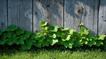 Vines climbing a weathered wooden fence in sunlight with grass foreground