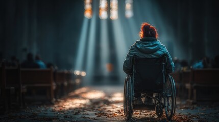 Wheelchair-bound figure in church, sunlight streams through stained glass