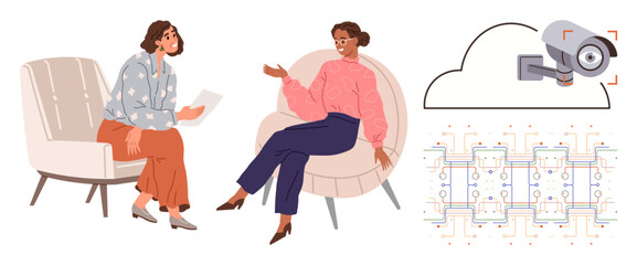 Two women in armchairs hold a discussion. Cloud security camera and network data flow charts illustrate technology, collaboration, and safety. Ideal for teamwork, privacy, innovation, tech