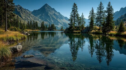 Lake reflects mountains and trees under blue sky peaceful scenic nature landscape.
